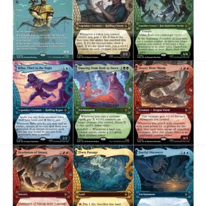 Peut inclure: Une collection de neuf cartes à collectionner Magic: The Gathering présentant des illustrations fantastiques et du texte, incluant Bard, King of Dale, Belladonna Took, Beorn the Fierce, Bilbo, Thief in the Night, Dancing from Dark to Dawn, Desert Were-Worm, Desolation of Smaug, Elven Passage et Fateful Discovery.