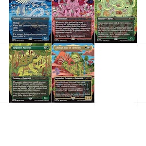 May include: A collection of six Magic: The Gathering trading cards. The cards feature colorful illustrations of fantastical creatures and landscapes. The cards include the names: Mulldrifter, All Will Be One, Benevolent Hydra, Forgotten Ancient, and Animar, Soul of Elements.