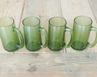 Green Pebble Glass Beer Mugs, Vintage Glassware, Set of 4, Perfect for Midcentury Kitchen; Vintage Colored Glass