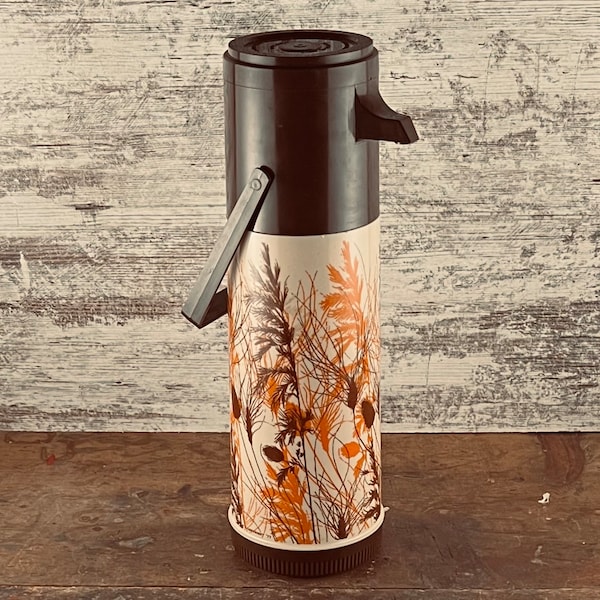 Vintage Aladdin Pump-A-Drink Thermos Carafe in Autumn Wheat Pattern, Retro One Quart Thermos NO. P150