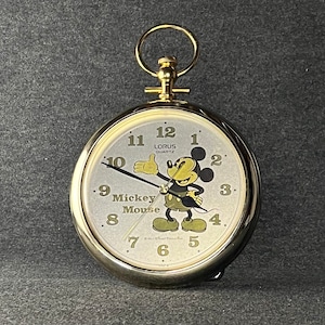 1970s Mickey Mouse Clock shaped like pocket watch, gold-tone quartz wall clock by Lorus, Vintage Disney Clock