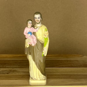 Vintage Plastic Statue of St. Joseph Holding Baby Jesus – 6 Inches Tall, Hand-Painted