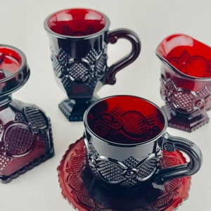 Vintage Red Glassware, Cape Cod Ruby Red 1876 Avon by Wheaton Glass, Roman rosette pattern in deep red glass. Vintage colored glass.