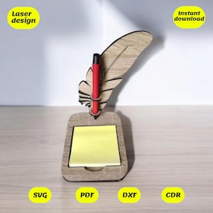 Portalápices con forma de pluma y diseño de bloc de notas para corte láser, archivos digitales, CDR, DXF, AI, SVG, PDF