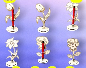 Set di portapenne a forma di fiore in formato SVG: file tagliati al laser di rosa, tulipano e narciso