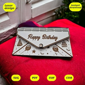 Sobre de cumpleaños SVG/archivo cortado con láser para Glowforge, XTool, CNC/descarga SVG, DXF y PDF