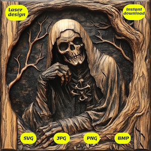 May include: A wooden carving of a hooded skeleton figure with a cross on its chest. The carving is set against a dark wood background with branches. The image is labeled "Laser design" and "Instant download".
