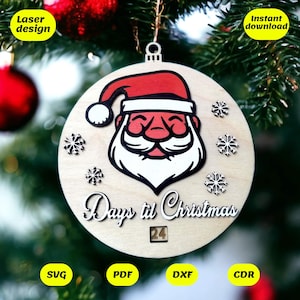 Christmas santa countdown ornament design for laser cut, Christmas calendar svg, christmas laser file, svg file, dxf, cdr, pdf, ai