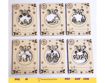 Laser cut files for 6 Christmas greetings cards set 2 , digital files, cdr, dxf, ai, svg,pdf