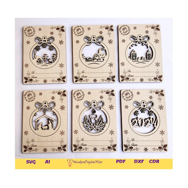 Laser cut files for 6 Christmas greetings cards set 2 , digital files, cdr, dxf, ai, svg,pdf
