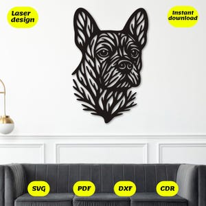 Bulldog francese arte murale svg / ramo naturale cane file tagliato al laser / decorazione cane svg dxf cdr pdf ai
