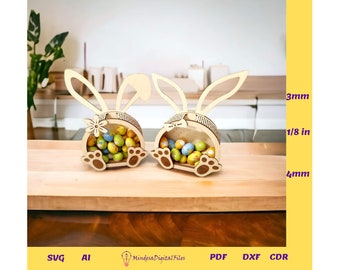 Conceptions de boîtes de bonbons de lapin de Pâques pour la découpe laser, fichiers numériques, cdr, dxf, ai, svg, pdf