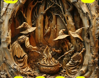 3D Halloween Witches Laser Engrave File: Illusion Design (PNG, SVG)