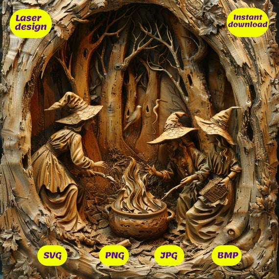 3D Halloween Witches Laser Engrave File: Illusion Design (PNG, SVG)