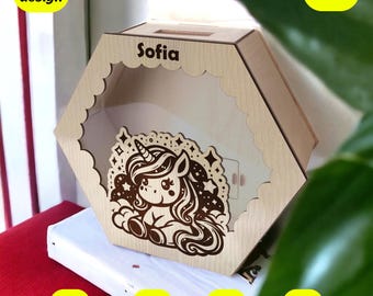 Einhorn Bank Design für Lasercut, Laserdateien, Lasercut Bank, Glowforge-Dateien, Xtool-Dateien, Laser-Designs