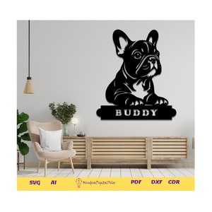 französische Bulldogge Namensschild | personalisierte Hunde-Wandkunst Laserschnitt-Datei | svg dxf cdr pdf ai herunterladen