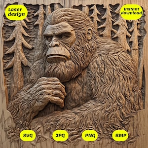 May include: A detailed wood carving of Bigfoot, a mythical creature, with a textured fur pattern. The carving is set against a background of trees. The image includes the text "Laser design" and "Instant download" in yellow circles. The image also includes the text "SVG", "JPG", "PNG", and "BMP" in yellow circles.