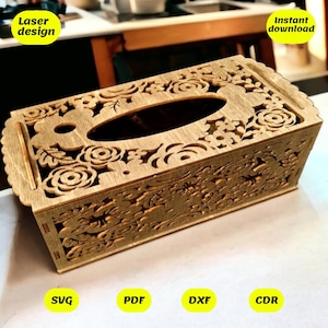 Scatola di fazzoletti floreale progettata per taglio laser, CNC, file digitali, CDR, DXF, AI, SVG, PDF