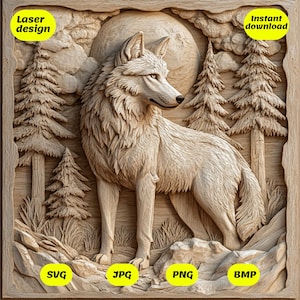 May include: A detailed wood carving of a wolf standing in a forest under a full moon. The carving is in a wooden frame and includes the words "Laser design" and "Instant download". The image also includes the file formats SVG, JPG, PNG, and BMP.