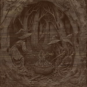 May include: A sepia-toned illustration depicts three figures in witch hats gathered around a cauldron with flames. The scene is set in a forest with detailed tree bark and foliage. The witches appear to be stirring a potion.