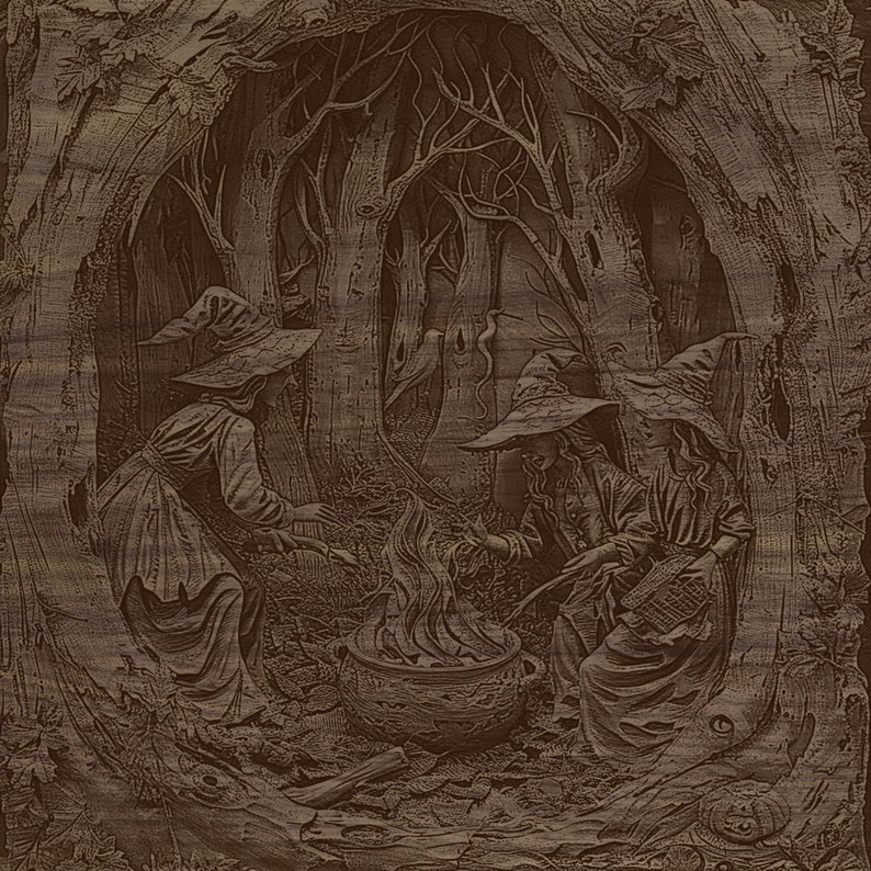 May include: A sepia-toned illustration depicts three figures in witch hats gathered around a cauldron with flames. The scene is set in a forest with detailed tree bark and foliage. The witches appear to be stirring a potion.