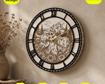 Highland Cow Wall Clock Laser Cut Design | Rustic Farmhouse Decor Wall Art SVG (lightburn files, glowforge files, xtool files)