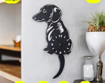 dachshund clock svg | moving tail laser cut wall art file for glowforge, xtool | svg dxf cdr pdf
