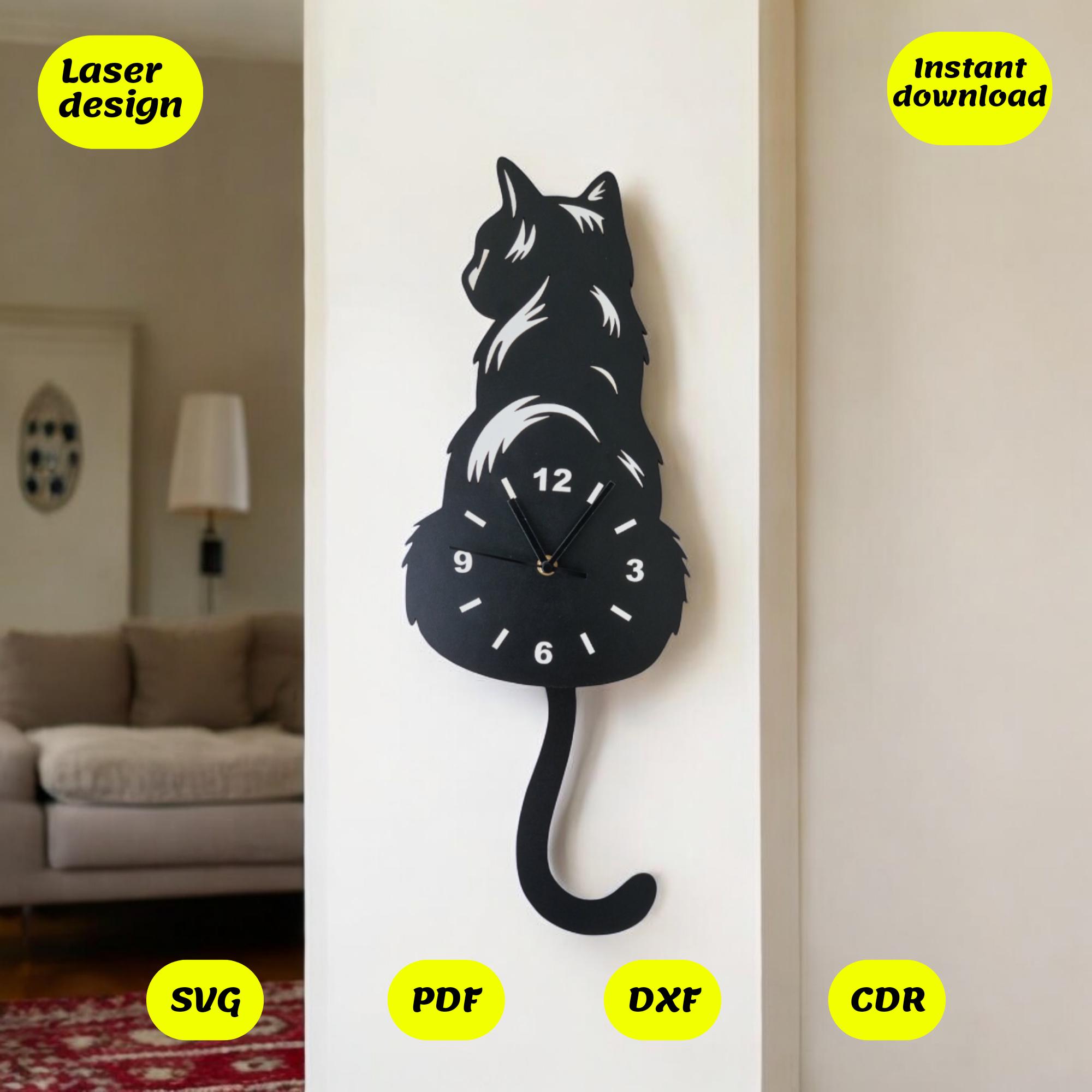 cat clock svg | moving tail laser cut wall art file for glowforge, xtool, cnc | svg dxf cdr pdf