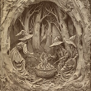 May include: Sepia-toned illustration of three witches gathered around a cauldron with a fire. They wear pointed hats and long dresses, set within a forest scene. The artwork is framed by a large tree trunk.