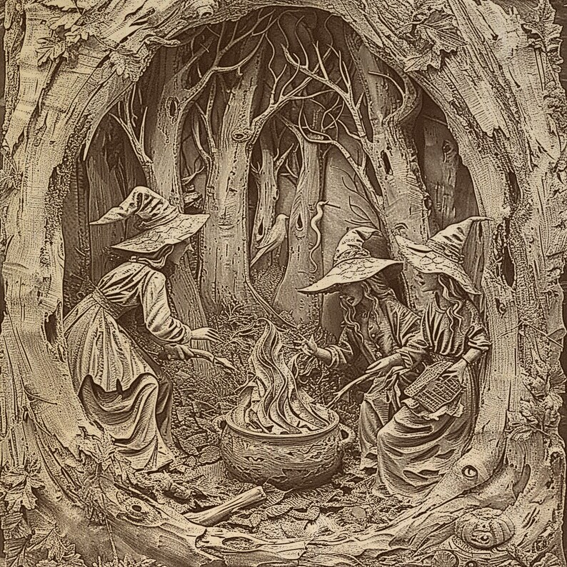 May include: Sepia-toned illustration of three witches gathered around a cauldron with a fire. They wear pointed hats and long dresses, set within a forest scene. The artwork is framed by a large tree trunk.