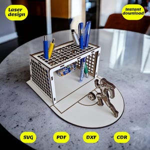 porta-canetas de futebol svg | organizador de mesa de futebol, arquivo de corte a laser para glowforge, xtool, cnc | svg dxf cdr pdf