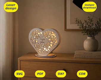 DIY Wooden Heart Shaped Lamp Laser Cut Files for Glowforge, xtool, cnc | 20 LED 3V Fairy Lights Lamp Laser design: svg dxf cdr pdf