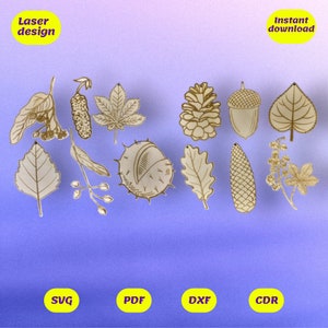 May include: A set of 12 laser cut autumn leaf and acorn designs in gold on a purple background. The designs include a maple leaf, oak leaf, acorn, pine cone, and more. The text "Laser design" and "Instant download" are at the top of the image. The text "SVG, PDF, DXF, CDR" is at the bottom of the image.