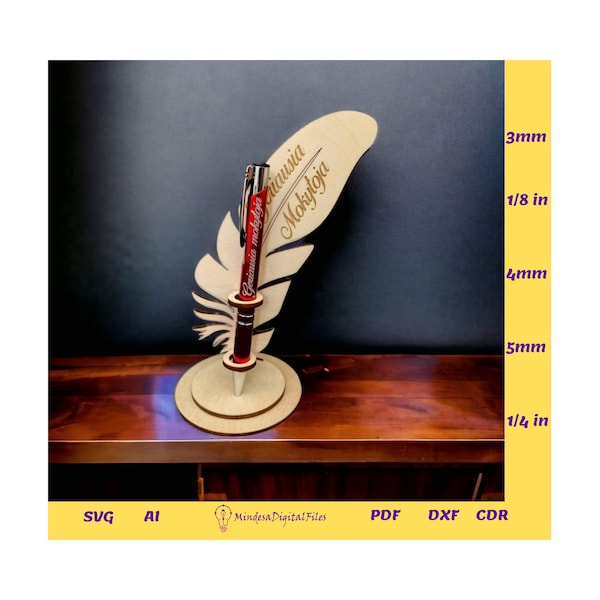 Conception de support de stylo en forme de plume pour la découpe laser, fichiers numériques, cdr, dxf, ai, svg, pdf