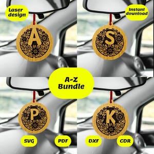 May include: A-Z Bundle of 26 laser cut wooden car air fresheners with floral designs and letters A, S, P, and K.  Instant download, SVG, PDF, DXF, and CDR files included.