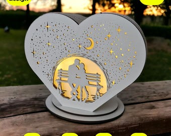 Archivo de corte láser de lámpara con forma de corazón, diseño de noche estrellada (svg, dxf, cdr, pdf)