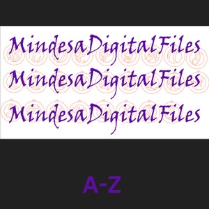 May include: A set of 26 alphabet letter SVG cut files, each letter is in a circle with a decorative border. The letters are in purple and the circles are in orange. The text "Mindesa Digital Files" is repeated three times in purple cursive script. The text "A-Z" is in purple at the bottom of the image.