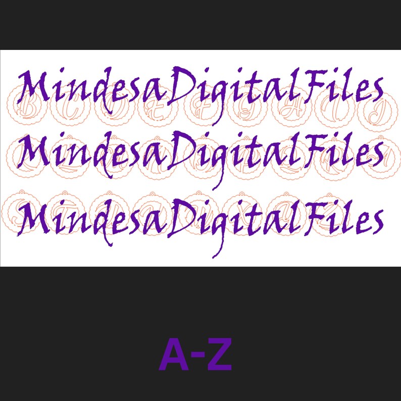 May include: A set of 26 alphabet letter SVG cut files, each letter is in a circle with a decorative border. The letters are in purple and the circles are in orange. The text "Mindesa Digital Files" is repeated three times in purple cursive script. The text "A-Z" is in purple at the bottom of the image.