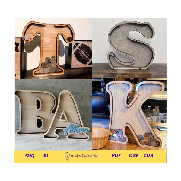 Laser cut file for Letter Banks 30 cm (Set of 26 Letters +gift) laser svg, glowforge files, laser design, laser svg Bank, laser piggybank