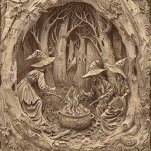 May include: Sepia-toned illustration of three witches gathered around a cauldron with a fire. They wear pointed hats and long dresses, set within a forest scene. The artwork is carved into a tree trunk, with detailed textures.