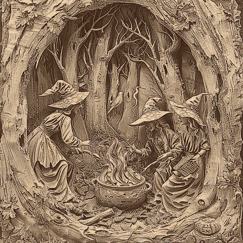 May include: Sepia-toned illustration of three witches gathered around a cauldron with a fire. They wear pointed hats and long dresses, set within a forest scene. The artwork is carved into a tree trunk, with detailed textures.