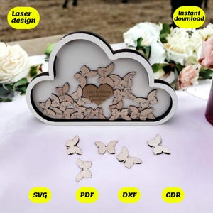Marco de firma de invitado con forma de nube personalizable con mariposas para cortar con láser, archivos digitales, cdr, dxf, ai, stvg, pdf
