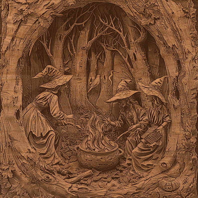 May include: A sepia-toned illustration depicts three figures in witch hats gathered around a cauldron with a fire. The scene is set in a forest, with detailed carvings of trees and foliage. A pumpkin is visible at the bottom right.