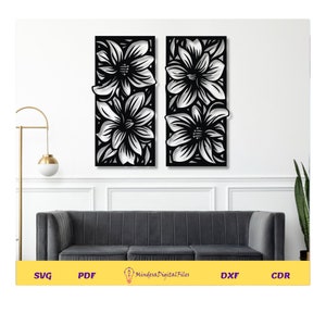 Diseño de panel de pared de lirio para corte láser, calcomanías adhesivas, enrutador, plantilla de silueta CNC, archivos digitales, SVG láser, arte de pared láser