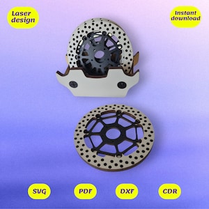 Peut inclure: Conception de disque de frein de moto découpé au laser. Le design est disponible aux formats SVG, PDF, DXF et CDR. Téléchargement instantané.