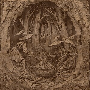 May include: A sepia-toned illustration depicts three figures in witch hats gathered around a cauldron with a fire. The scene is set in a forest, with detailed carvings of trees and foliage. The witches appear to be stirring a potion.