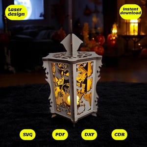Laser files Halloween lantern witch, svg cut files halloween, laser cut files lamp, laser files halloween decor, glowforge files, xtool file