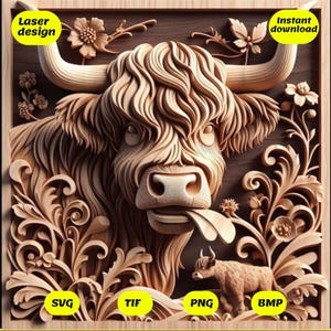 3d highland cow engraving png | laser burn file for glowforge, xtool, lightburn | png svg bmp tif