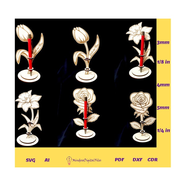 3 supports de stylo en forme de fleurs pour découpe laser, rose, tulipe, narcisse, fichiers numériques, cdr, dxf, ai, svg, pdf