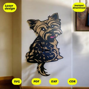 Orologio Yorkshire Terrier in formato SVG / coda mobile, file di taglio laser per parete, per Glowforge, Xtool, CNC / SVG DXF CDR PDF